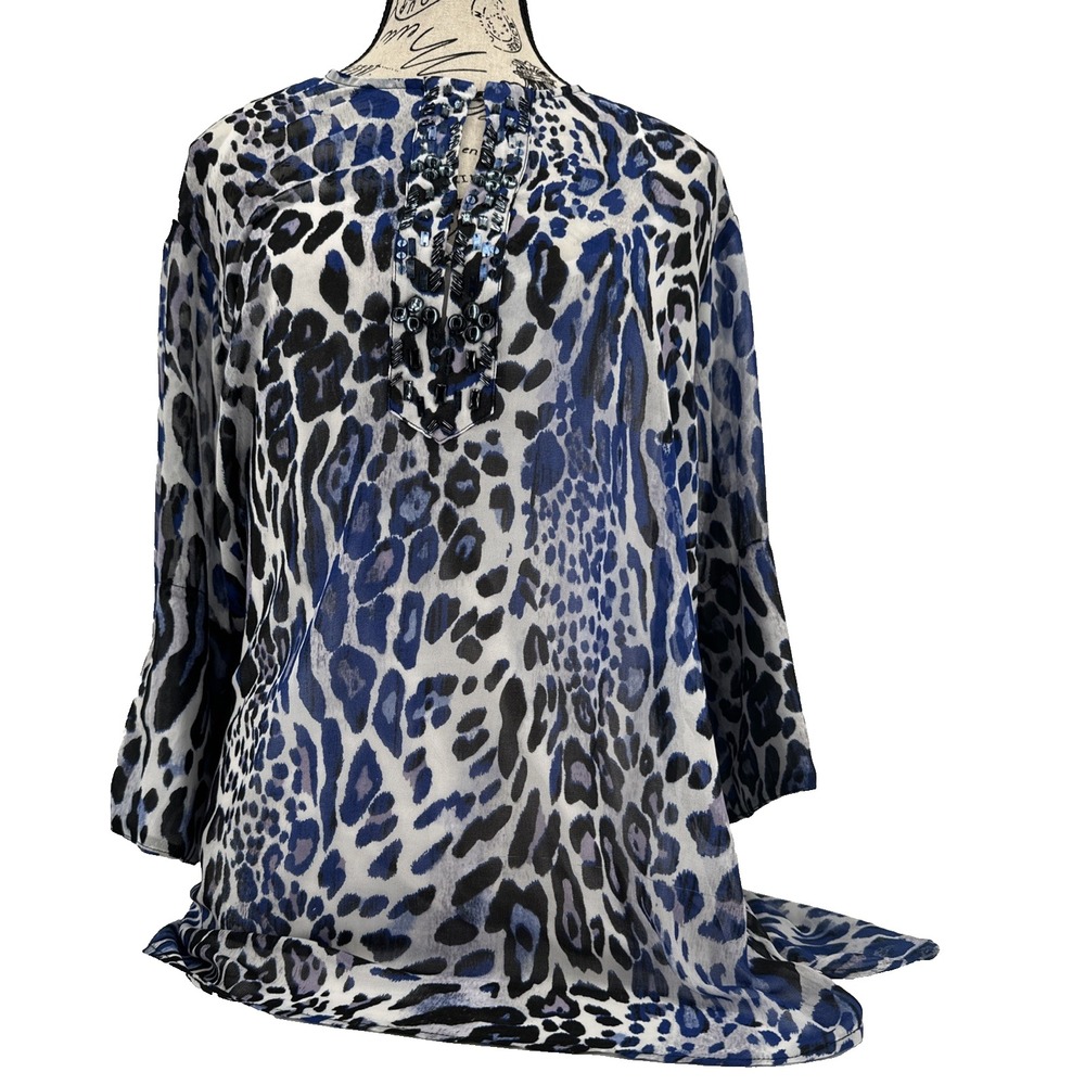 Womans Blue Leopard Print Beaded Neckline Bell Sleeve Tunic Top